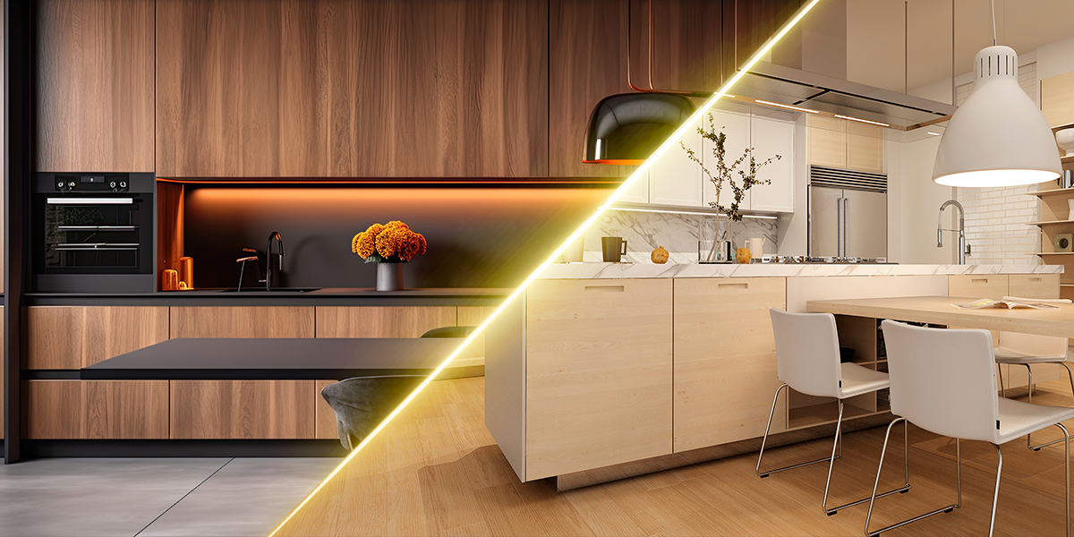 Cozinha planejada de luxo com iluminação âmbar