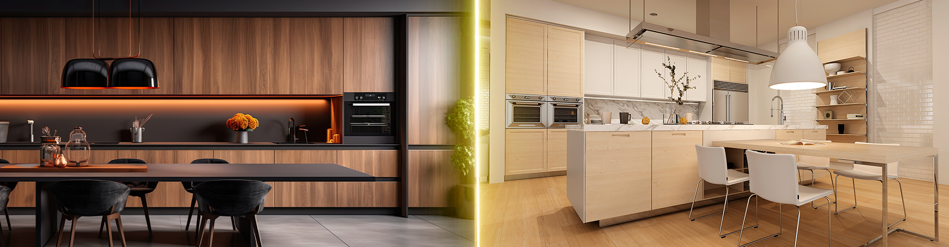 Cozinha planejada de luxo com iluminação âmbar